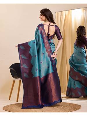 sky blue silk blend banarasi saree with unstitched blouse piece 2