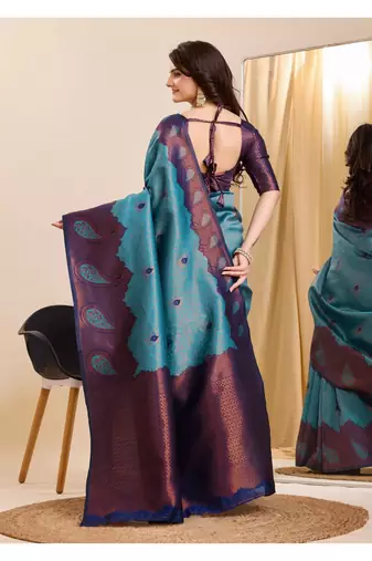 sky blue silk blend banarasi saree with unstitched blouse piece