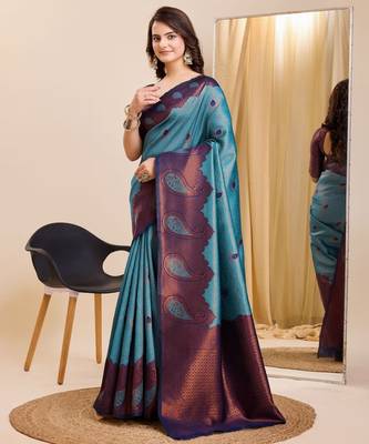 sky blue silk blend banarasi saree with unstitched blouse piece 3