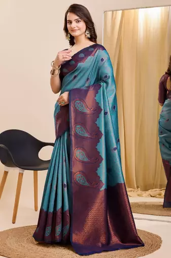 sky blue silk blend banarasi saree with unstitched blouse piece