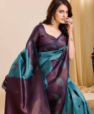 sky blue silk blend banarasi saree with unstitched blouse piece 4