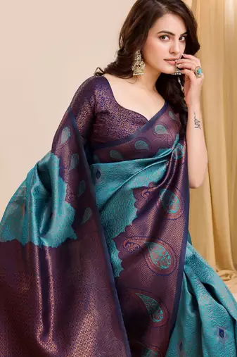 sky blue silk blend banarasi saree with unstitched blouse piece
