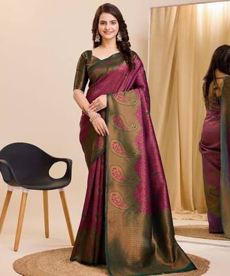 wine green silk blend banarasi saree with unstitched blouse piece 1