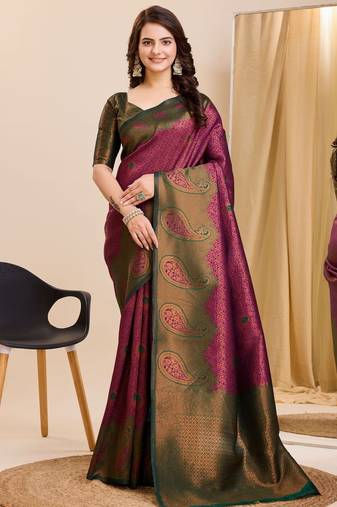 Wine green soft silk blend banarasi jacuard work designer party wear saree with unstitched blouse piece