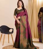 Wine green soft silk blend banarasi jacuard work designer party wear saree with unstitched blouse piece