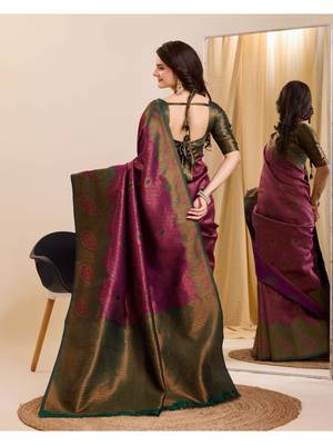 wine green silk blend banarasi saree with unstitched blouse piece 2