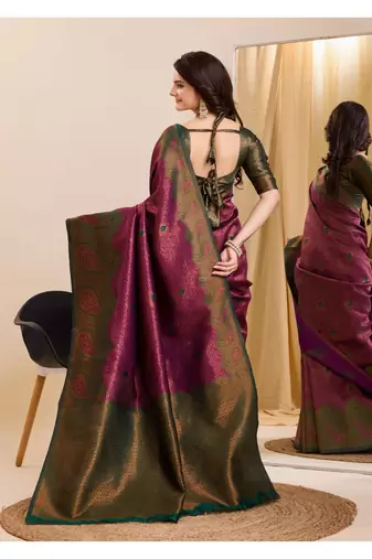 wine green silk blend banarasi saree with unstitched blouse piece