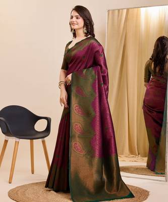 wine green silk blend banarasi saree with unstitched blouse piece 3