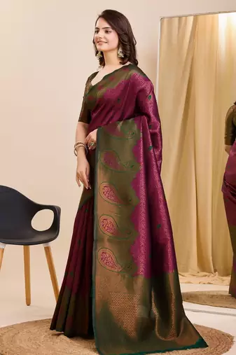 wine green silk blend banarasi saree with unstitched blouse piece
