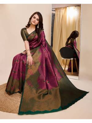 wine green silk blend banarasi saree with unstitched blouse piece 4