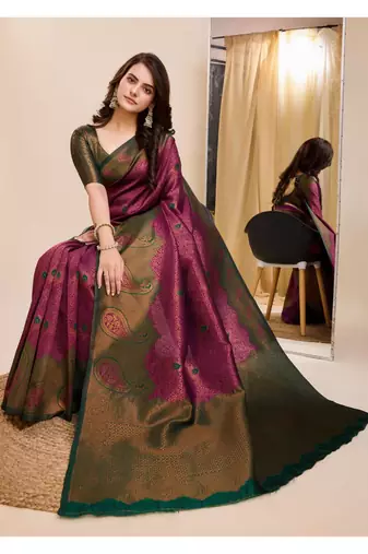 wine green silk blend banarasi saree with unstitched blouse piece