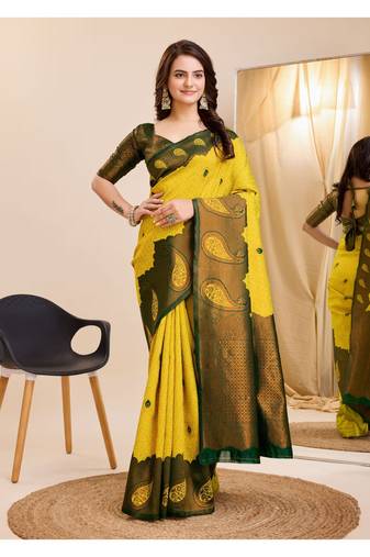 Yellow green  soft silk blend banarasi jacuard work designer party wear saree with unstitched blouse piece