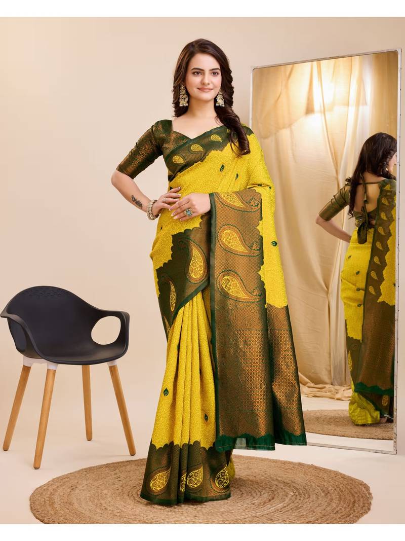 Yellow green  soft silk blend banarasi jacuard work designer party wear saree with unstitched blouse piece