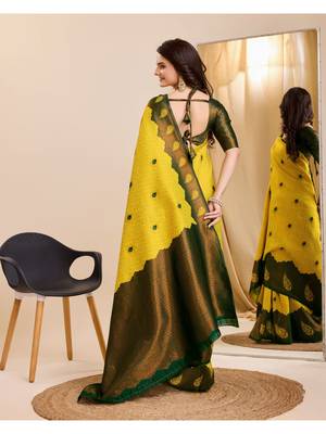 yellow green silk blend banarasi saree with unstitched blouse piece 2