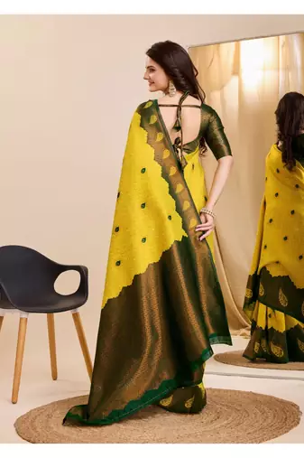 yellow green silk blend banarasi saree with unstitched blouse piece