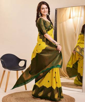 yellow green silk blend banarasi saree with unstitched blouse piece 3