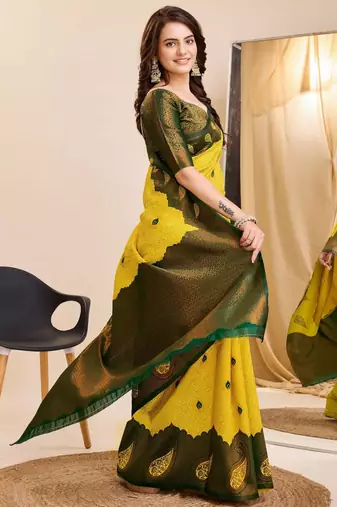 yellow green silk blend banarasi saree with unstitched blouse piece