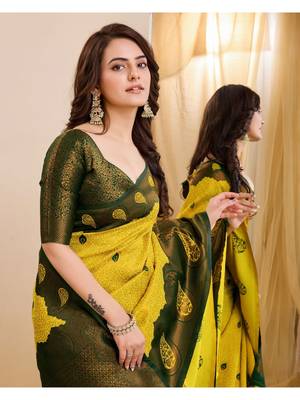 yellow green silk blend banarasi saree with unstitched blouse piece 4