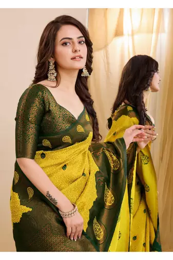 yellow green silk blend banarasi saree with unstitched blouse piece