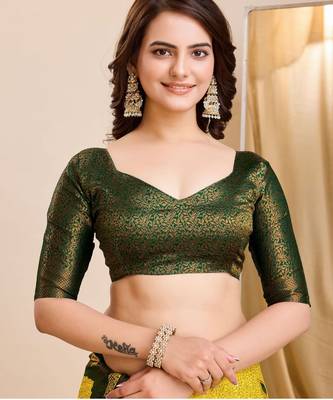 yellow green silk blend banarasi saree with unstitched blouse piece 5