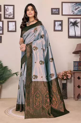 Sea green  soft silk blend banarasi jacuard work designer party wear saree with unstitched blouse piece