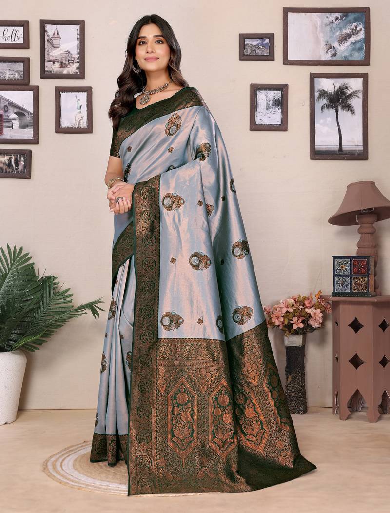 Sea green  soft silk blend banarasi jacuard work designer party wear saree with unstitched blouse piece