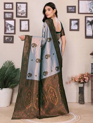 sea green silk blend banarasi saree with unstitched blouse piece 2