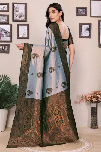 sea green silk blend banarasi saree with unstitched blouse piece