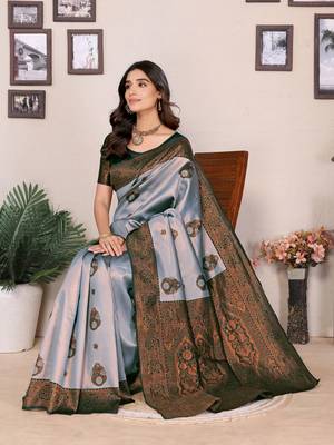 sea green silk blend banarasi saree with unstitched blouse piece 3