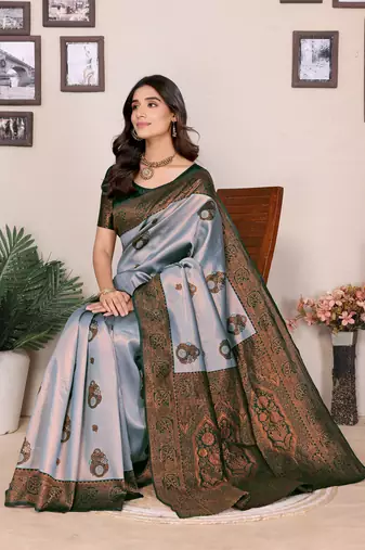 sea green silk blend banarasi saree with unstitched blouse piece