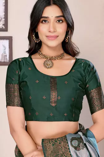 sea green silk blend banarasi saree with unstitched blouse piece