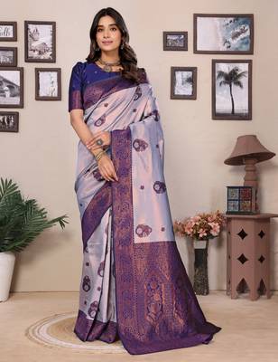 grey neavy blue silk blend banarasi saree with unstitched blouse piece 1
