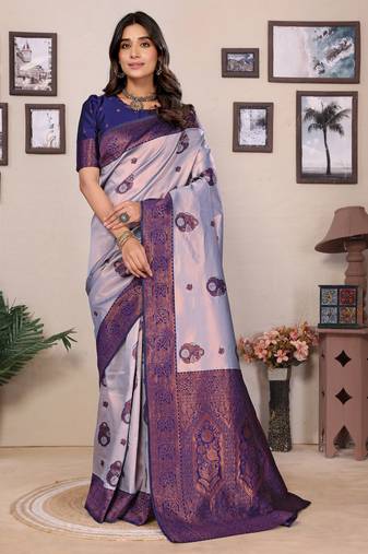 grey neavy blue  soft art silk blend banarasi jacuard work designer party wear saree with unstitched blouse piece