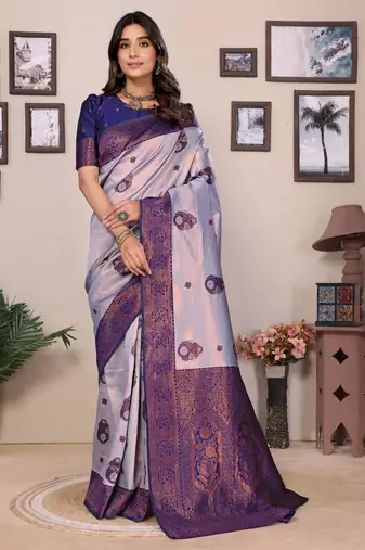 Grey neavy blue  soft silk blend banarasi jacuard work designer party wear saree with unstitched blouse piece