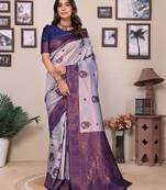 Grey neavy blue  soft silk blend banarasi jacuard work designer party wear saree with unstitched blouse piece