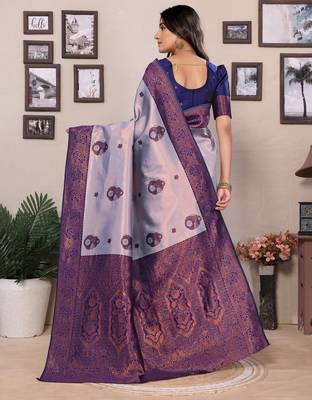 grey neavy blue silk blend banarasi saree with unstitched blouse piece 2
