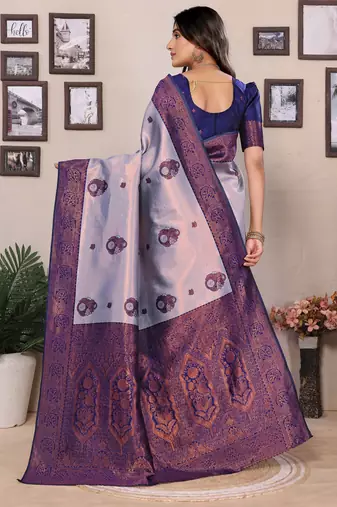 grey neavy blue silk blend banarasi saree with unstitched blouse piece