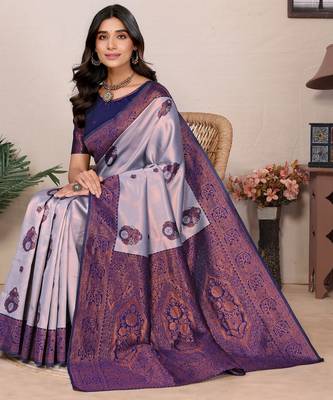 grey neavy blue silk blend banarasi saree with unstitched blouse piece 3