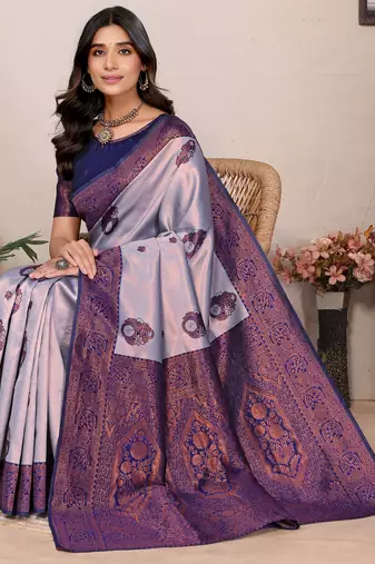 grey neavy blue silk blend banarasi saree with unstitched blouse piece