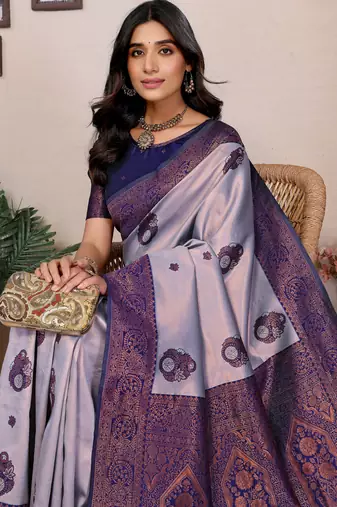 grey neavy blue silk blend banarasi saree with unstitched blouse piece