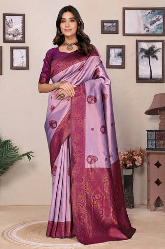 Lavender purple soft silk blend banarasi jacuard work designer party wear saree with unstitched blouse piece