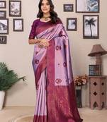 Lavender purple soft silk blend banarasi jacuard work designer party wear saree with unstitched blouse piece