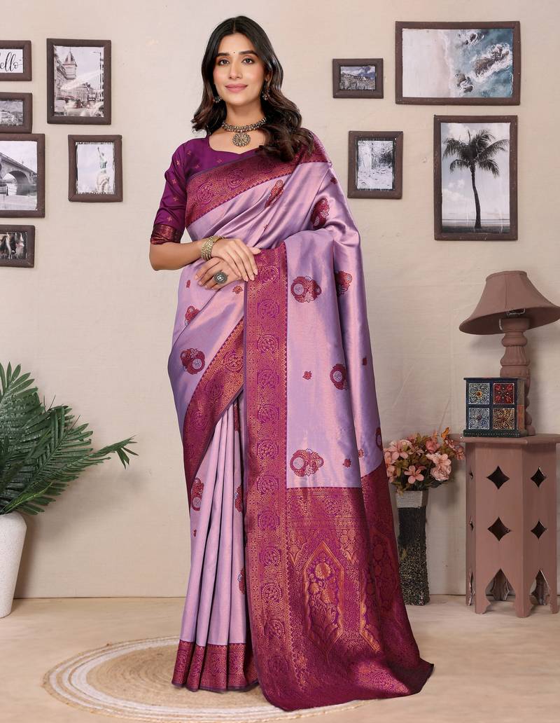 Lavender purple soft silk blend banarasi jacuard work designer party wear saree with unstitched blouse piece