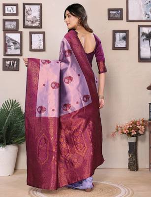 lavender purple silk blend banarasi saree with unstitched blouse piece 3