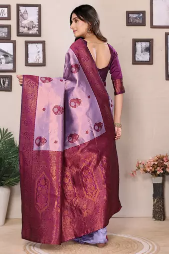 lavender purple silk blend banarasi saree with unstitched blouse piece