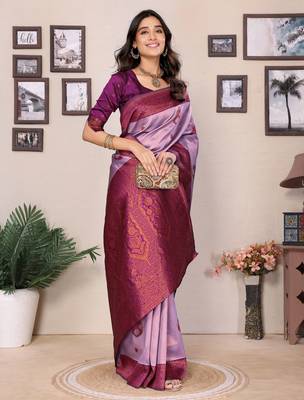 lavender purple silk blend banarasi saree with unstitched blouse piece 4