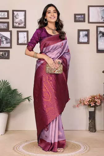 lavender purple silk blend banarasi saree with unstitched blouse piece