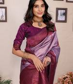 lavender purple silk blend banarasi saree with unstitched blouse piece