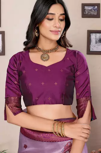lavender purple silk blend banarasi saree with unstitched blouse piece