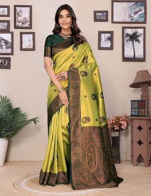 lemon green silk blend banarasi saree with unstitched blouse piece 2